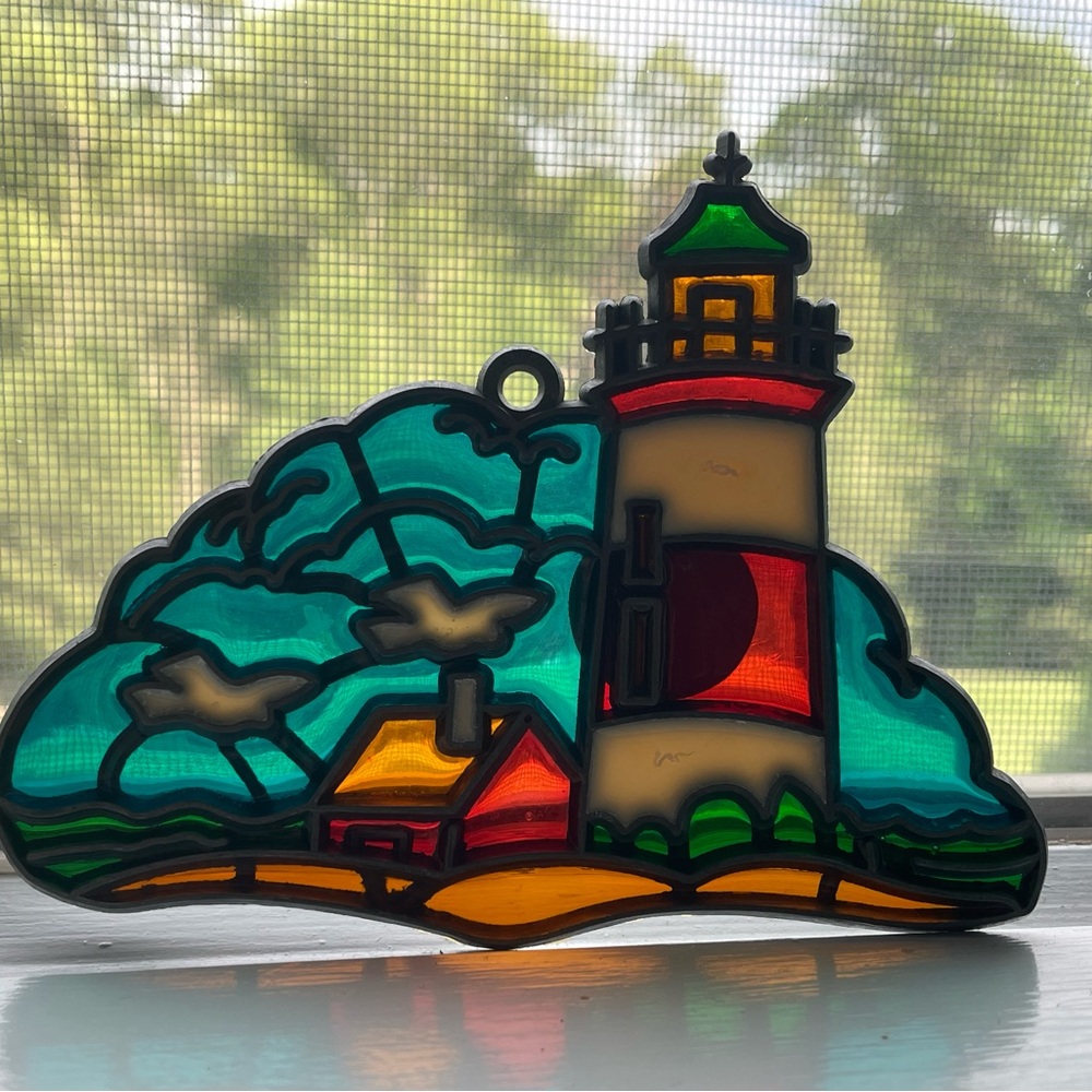 Vintage Stained Glass Lighthouse Suncatcher Ornament Coastal Beach Seagulls - Picture 2 of 6